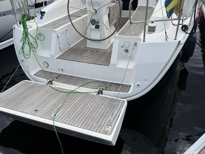 Deck of Linnea, a Bavaria Cruiser 32 sailboat at Fisksätra, Sweden