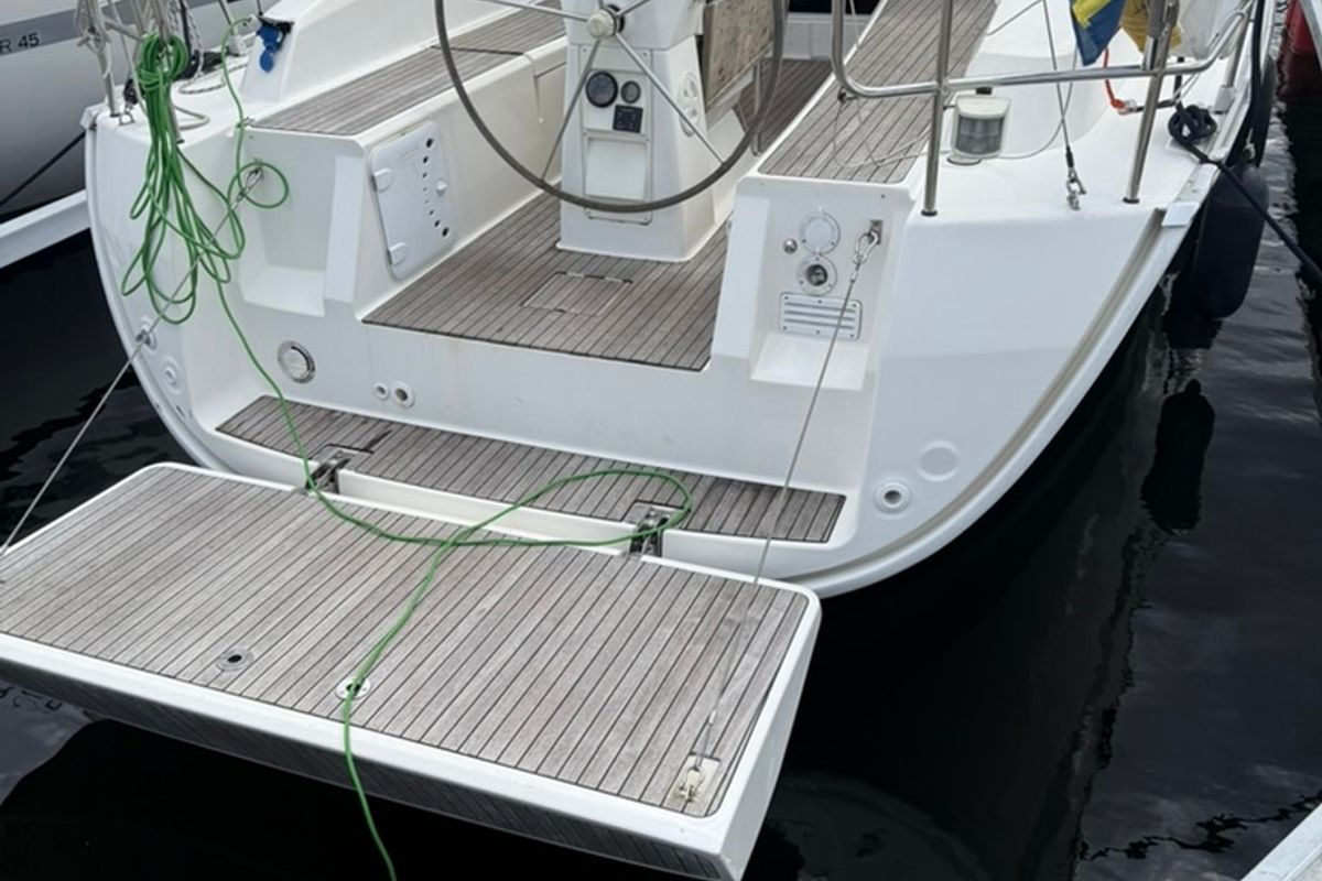 Deck of Linnea, a Bavaria Cruiser 32 sailboat at Fisksätra, Sweden