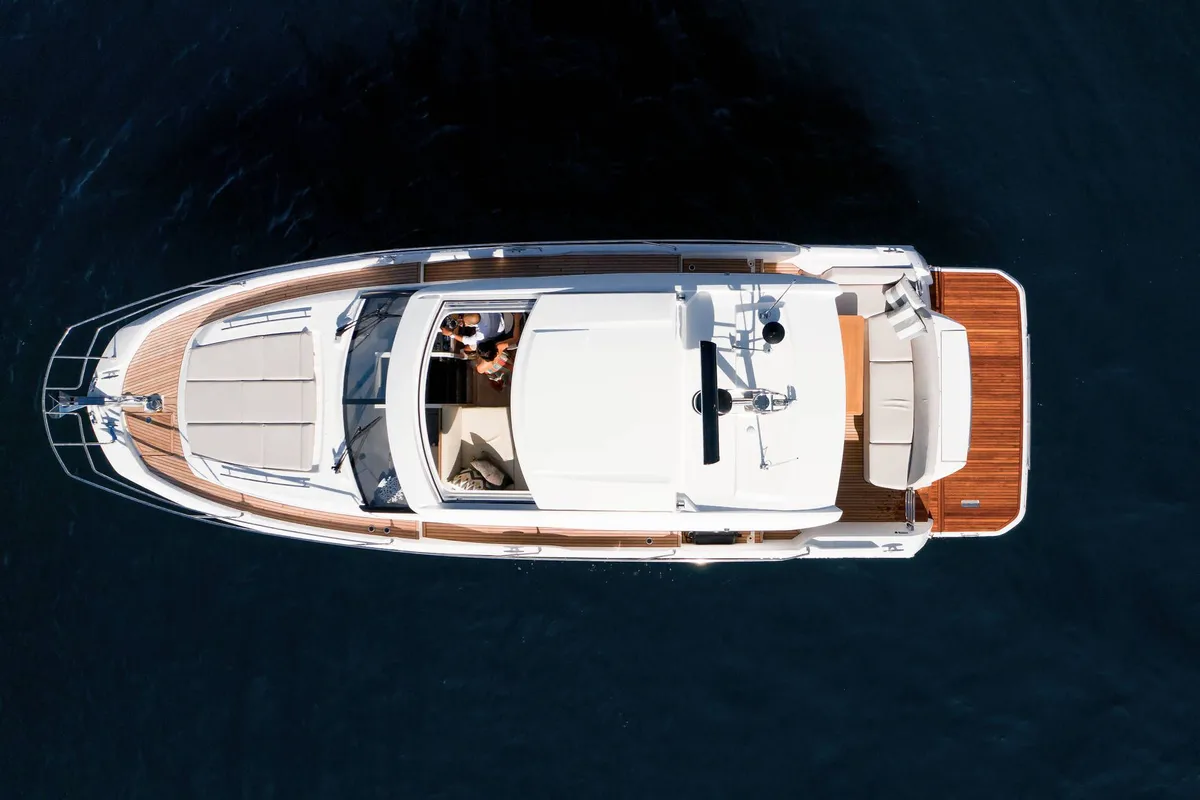 Exterior view of Majabell II, a Jeanneau Prestige 420S yacht at Grad Trogir, Croatia