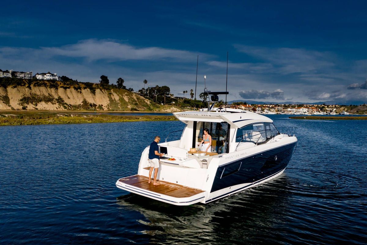 Exterior view of Majabell II, a Jeanneau Prestige 420S yacht at Grad Trogir, Croatia