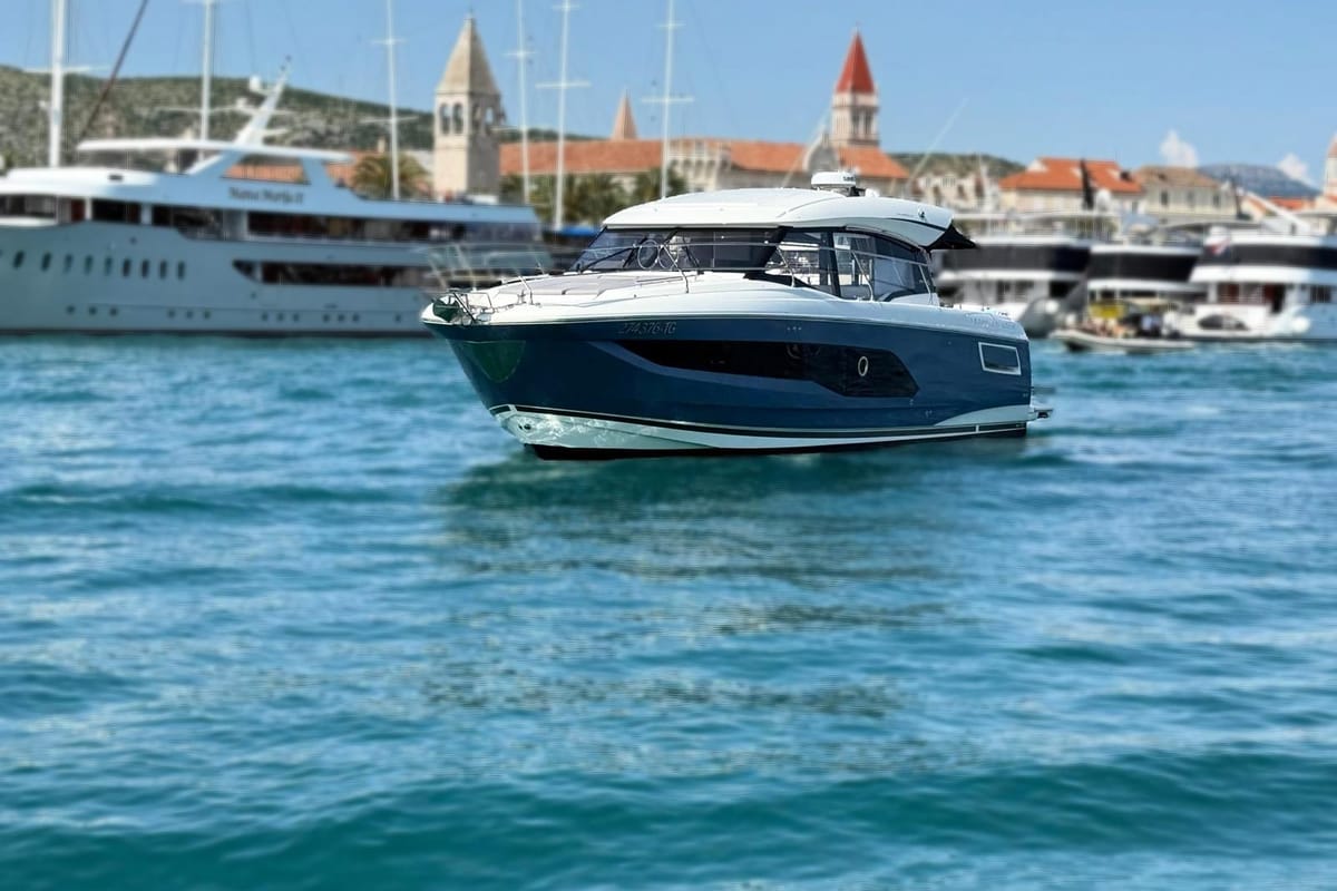 Exterior view of Majabell II, a Jeanneau Prestige 420S yacht at Grad Trogir, Croatia