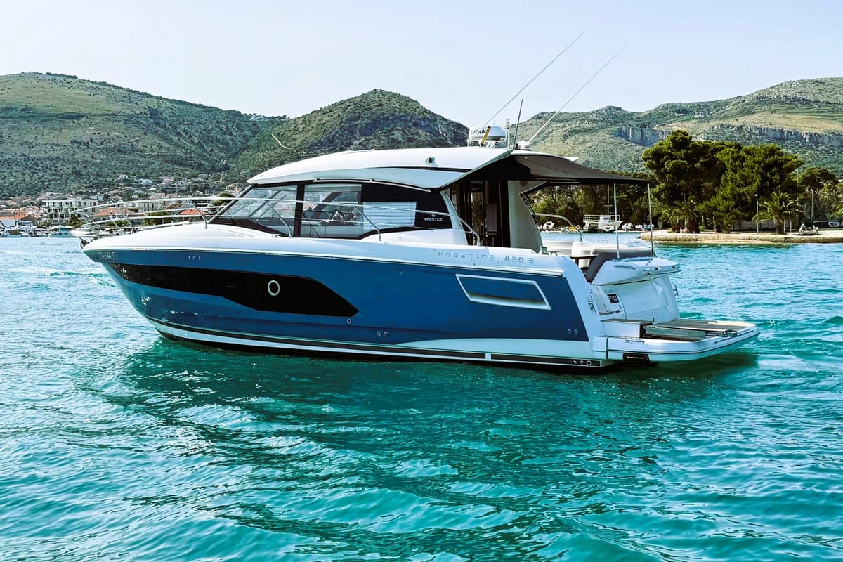 Exterior view of Majabell II, a Jeanneau Prestige 420S yacht at Grad Trogir, Croatia