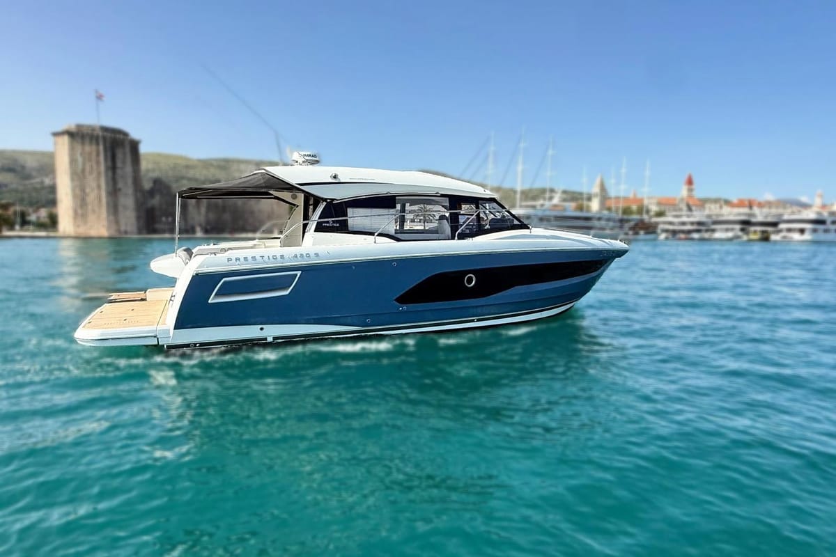 Exterior view of Majabell II, a Jeanneau Prestige 420S yacht at Grad Trogir, Croatia