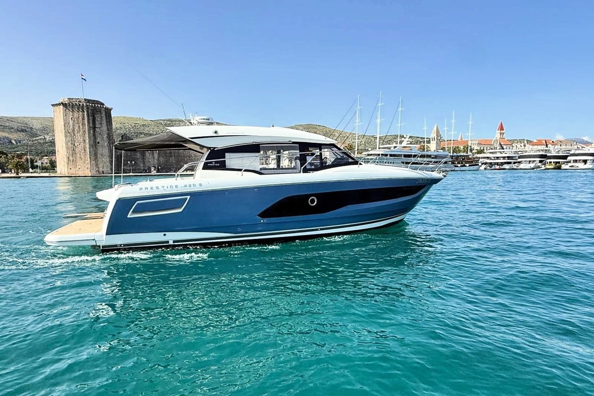 Exterior view of Majabell II, a Jeanneau Prestige 420S yacht at Grad Trogir, Croatia