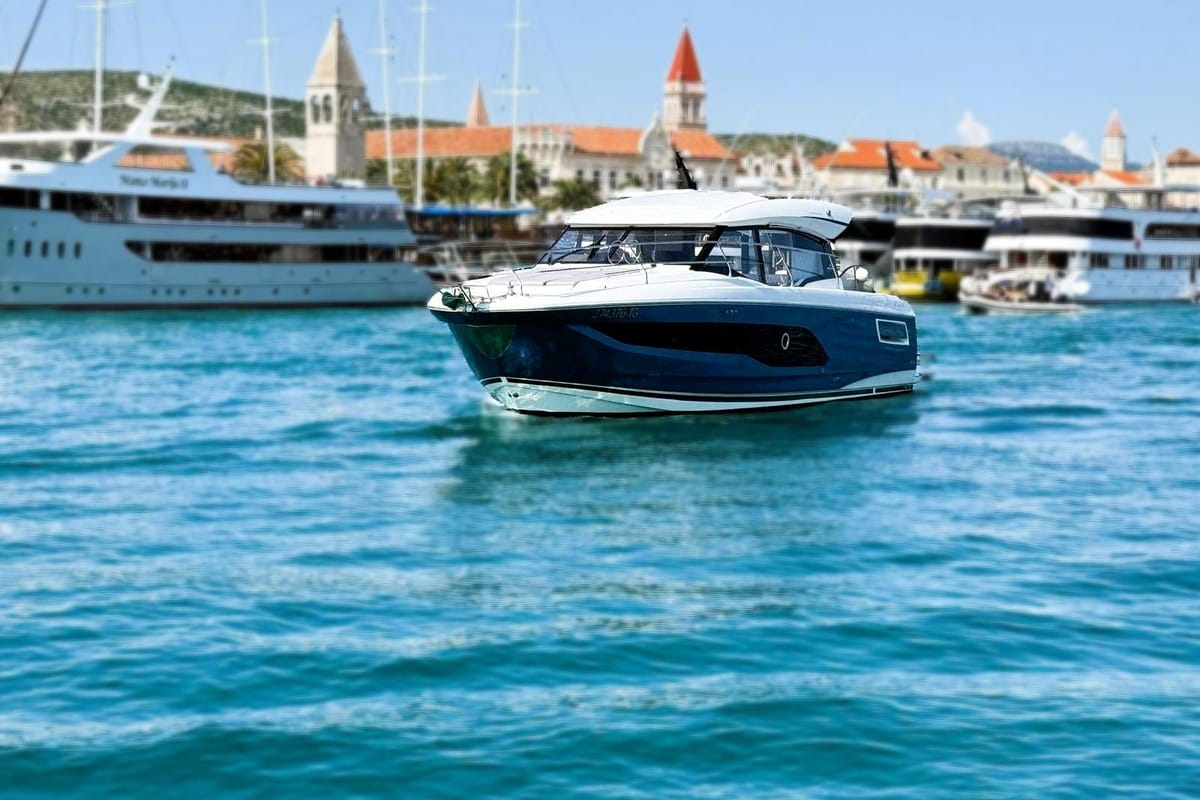 Exterior view of Majabell II, a Jeanneau Prestige 420S yacht at Grad Trogir, Croatia