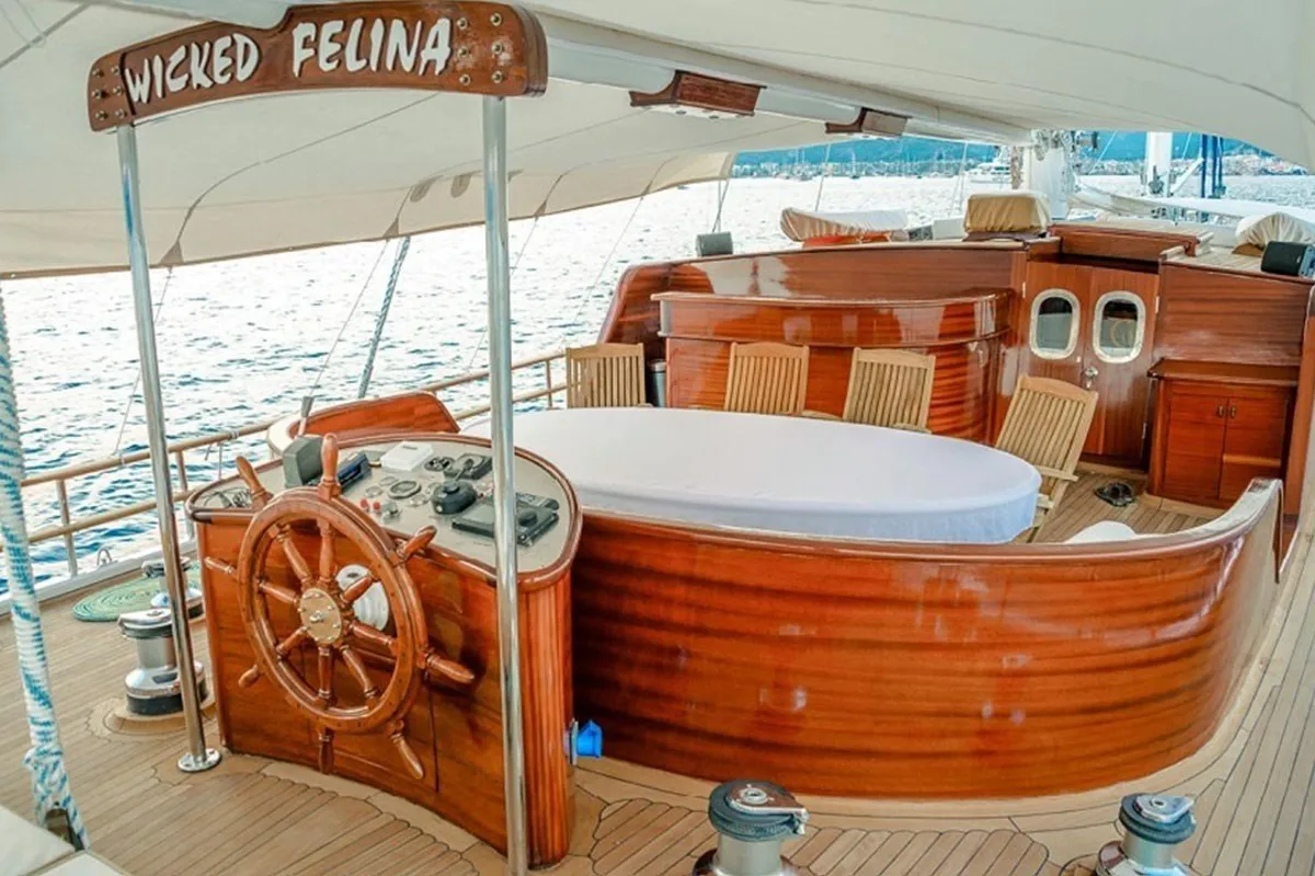 Cockpit of Wicked Felina, a Unknown Wicked Felina yacht at Bodrum, Turkey