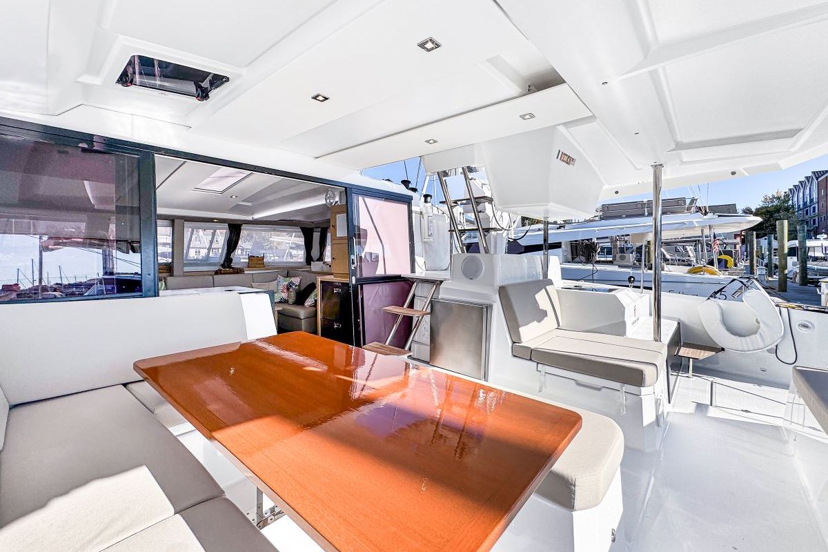 Deck of Serenity Now, a Fountaine Pajot Astrea 42 Maestro catamaran at Road Town, British Virgin Islands