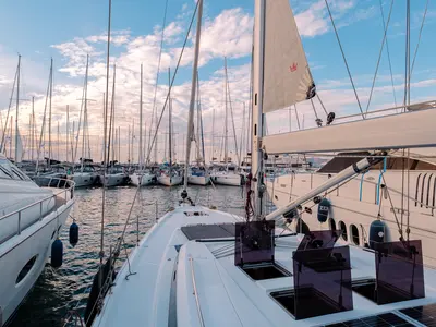 Deck of Ghost, a Bavaria C57 sailboat at Lavreotiki Municipal Unit, Greece