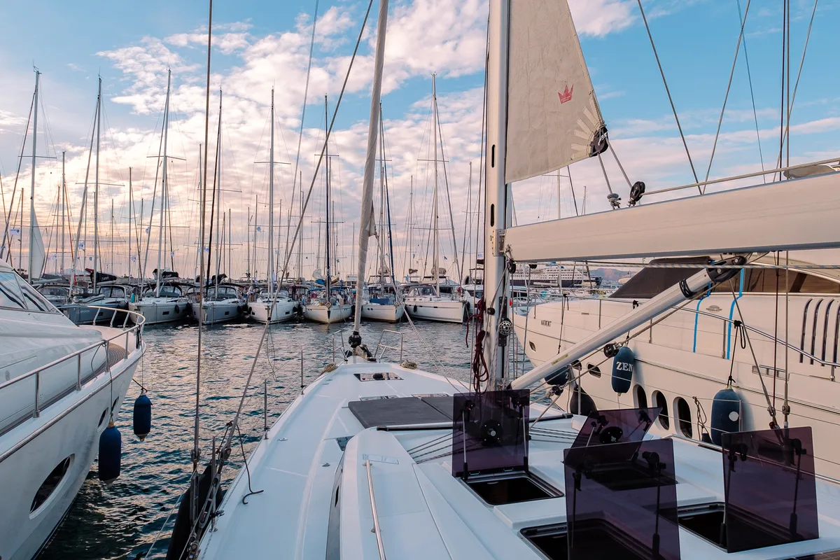 Deck of Ghost, a Bavaria C57 sailboat at Lavreotiki Municipal Unit, Greece