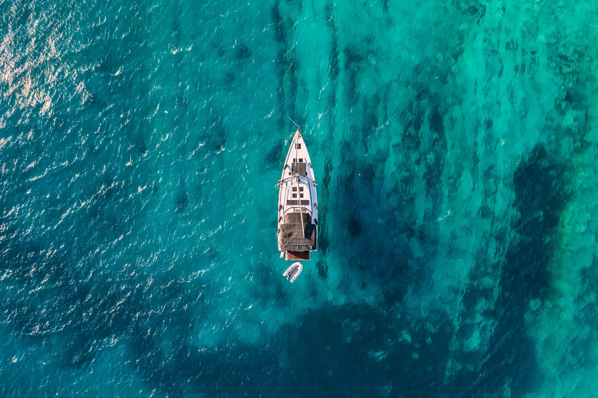 Exterior view of Ghost, a Bavaria C57 sailboat at Lavreotiki Municipal Unit, Greece