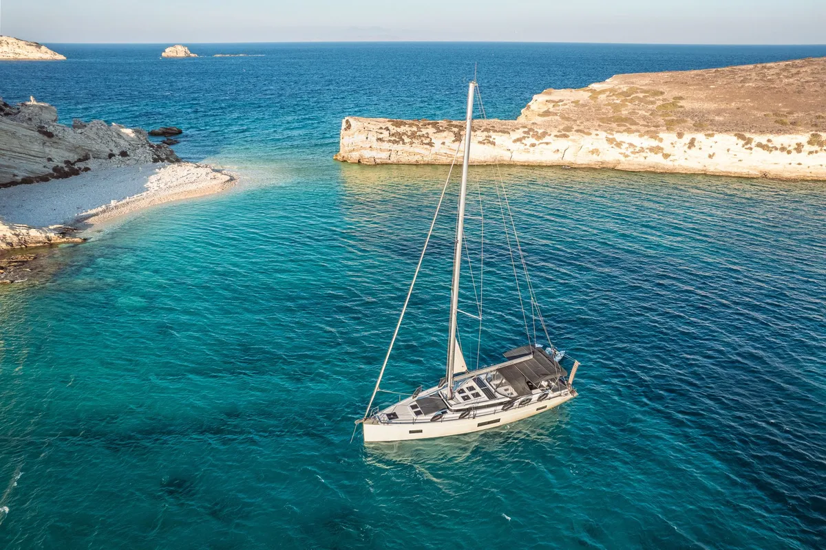 Exterior view of Ghost, a Bavaria C57 sailboat at Lavreotiki Municipal Unit, Greece