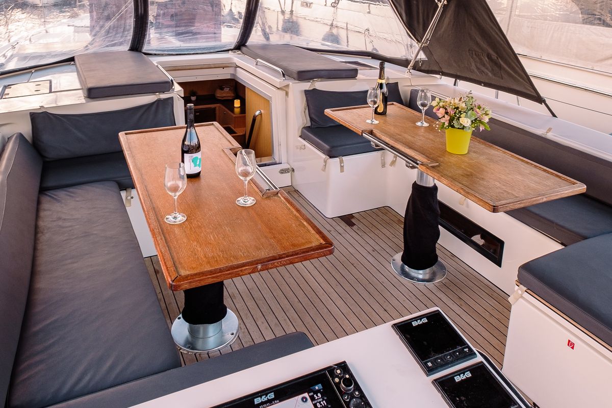 Deck of Ghost, a Bavaria C57 sailboat at Lavreotiki Municipal Unit, Greece