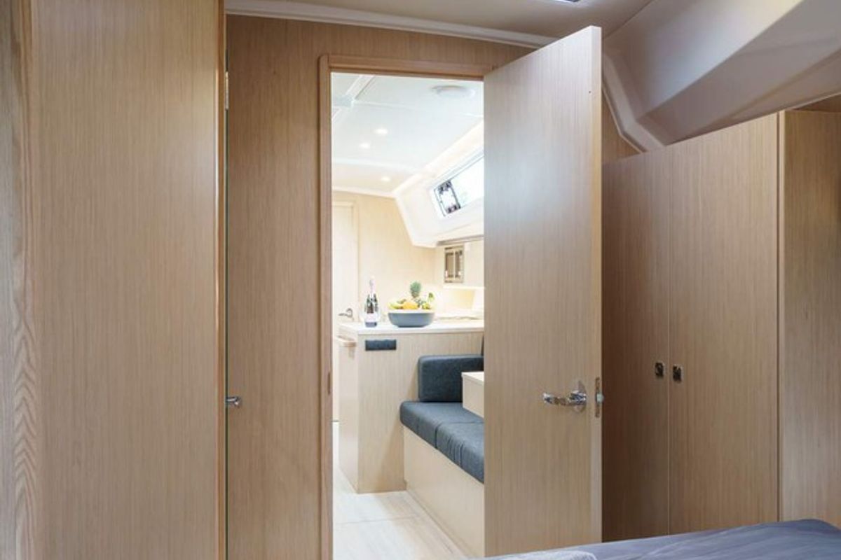 Cabin on Ostwind II, a Bavaria C42 sailboat at Cala Egos, Spain