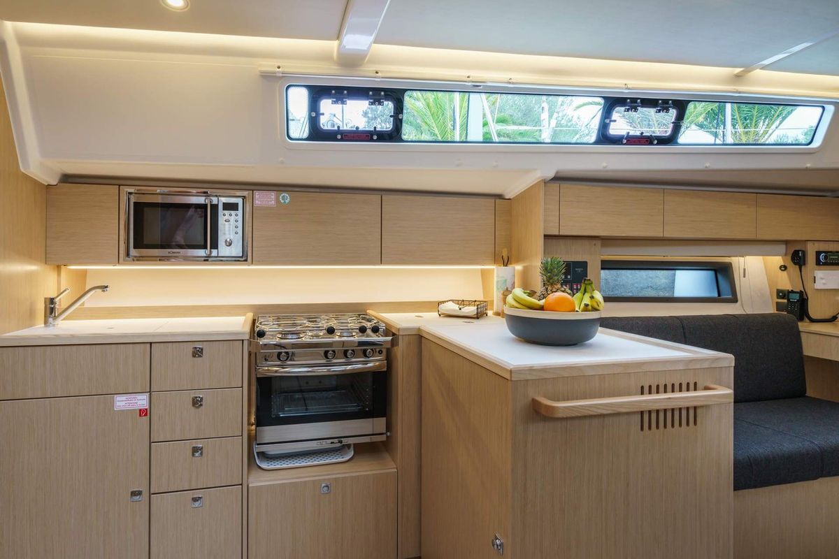 Galley of Ostwind II, a Bavaria C42 sailboat at Cala Egos, Spain