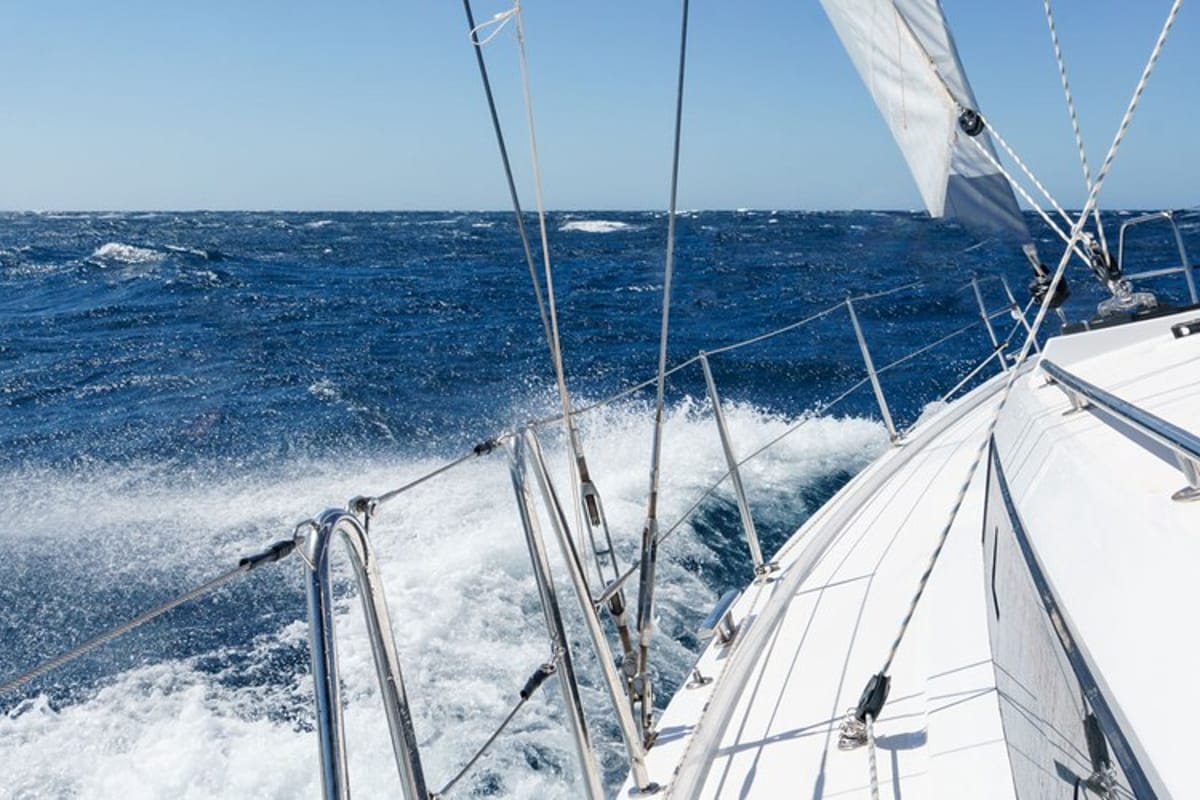 Deck of Ostwind II, a Bavaria C42 sailboat at Cala Egos, Spain