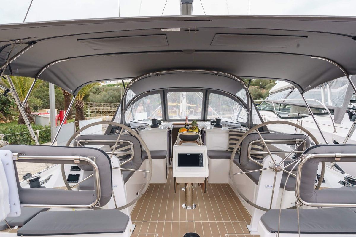 Cockpit of Ostwind II, a Bavaria C42 sailboat at Cala Egos, Spain