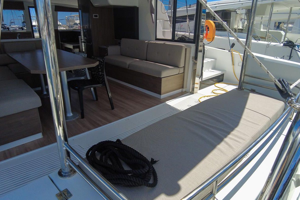 Deck of Zaz, a Bali 4.2 catamaran at Hyères, France