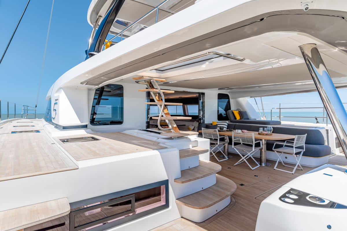 Deck of SAILUXE - La Controra, a Lagoon Sixty 5 catamaran at Olbia, Italy