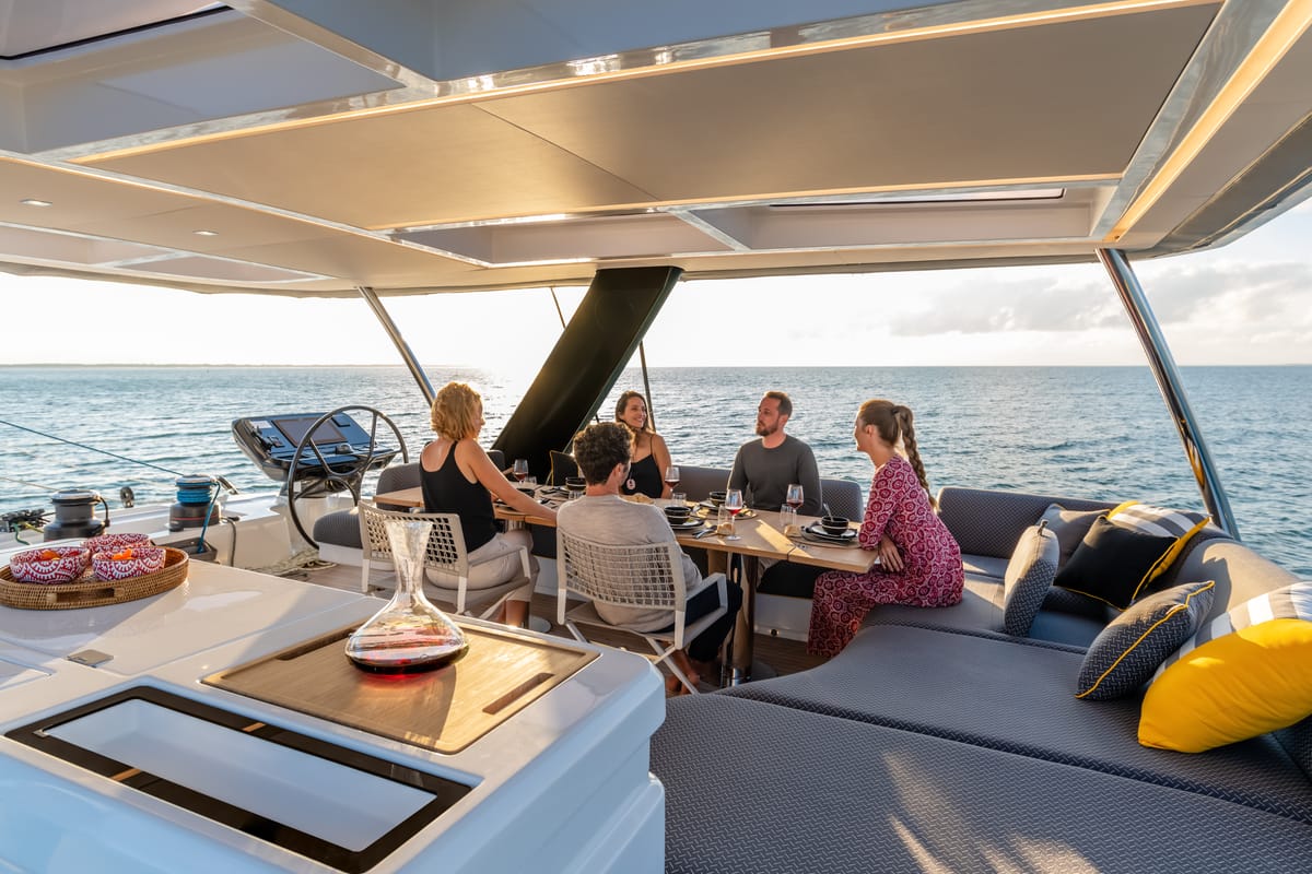 Deck of SAILUXE - La Controra, a Lagoon Sixty 5 catamaran at Olbia, Italy