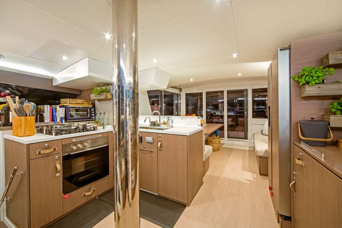 Galley of Magnificent, a Bali 4.8 catamaran at Belize City, Belize