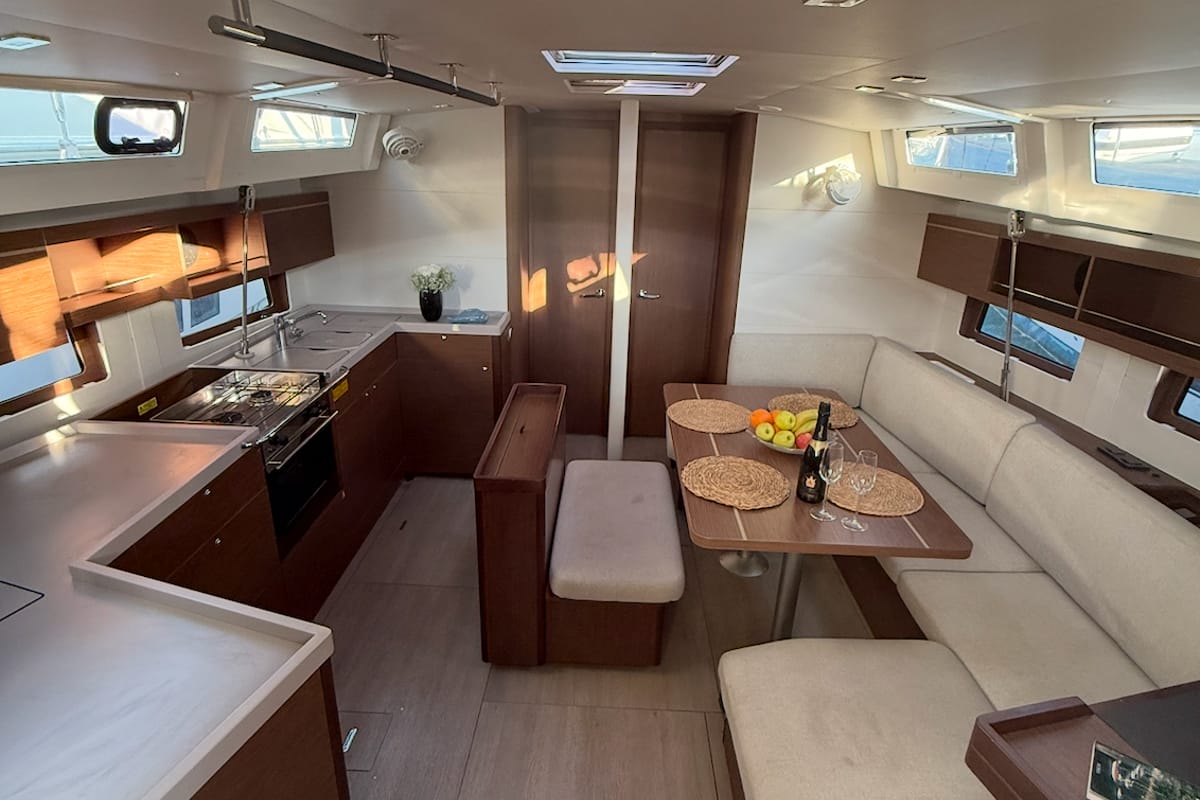 Salon of Athena 2, a Beneteau Oceanis 46.1 sailboat at Fethiye, Turkey