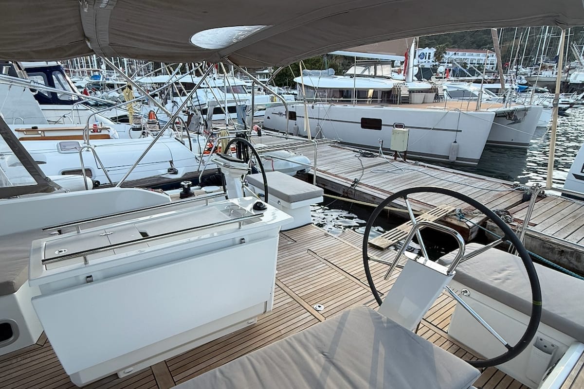 Cockpit of Athena 2, a Beneteau Oceanis 46.1 sailboat at Fethiye, Turkey