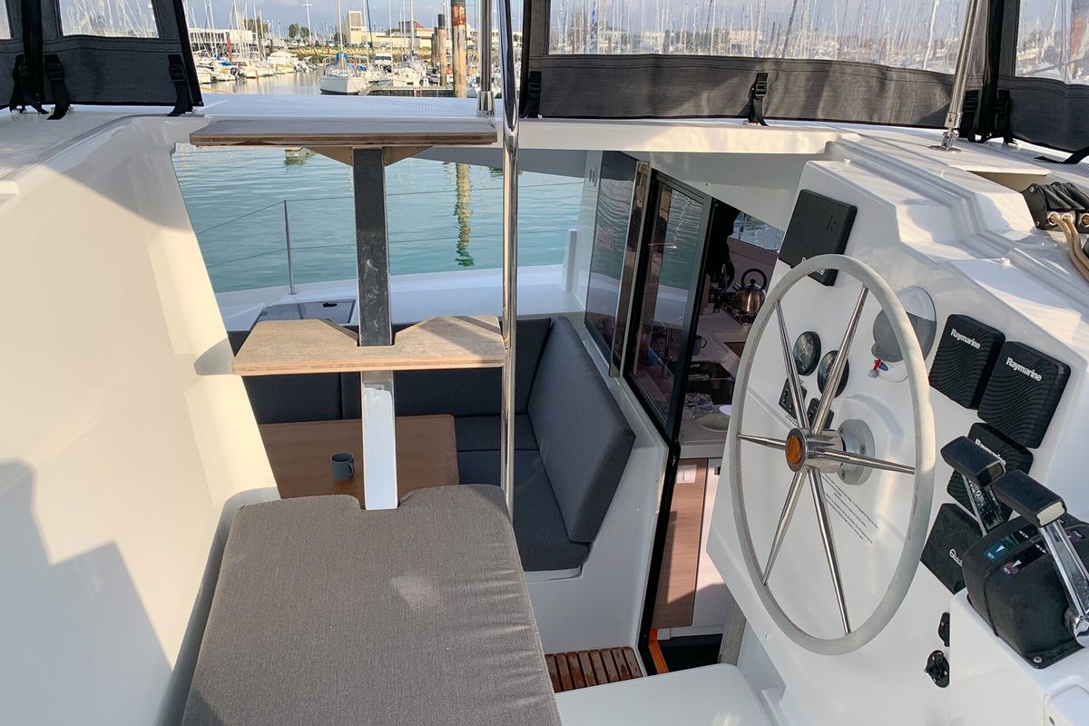 Cockpit of Merengue, a Fountaine Pajot Lucia 40 catamaran at Tivat, Montenegro
