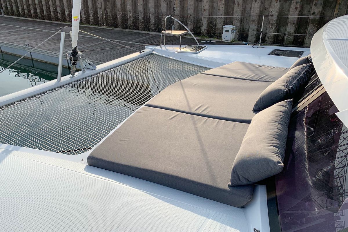 Deck of Merengue, a Fountaine Pajot Lucia 40 catamaran at Tivat, Montenegro