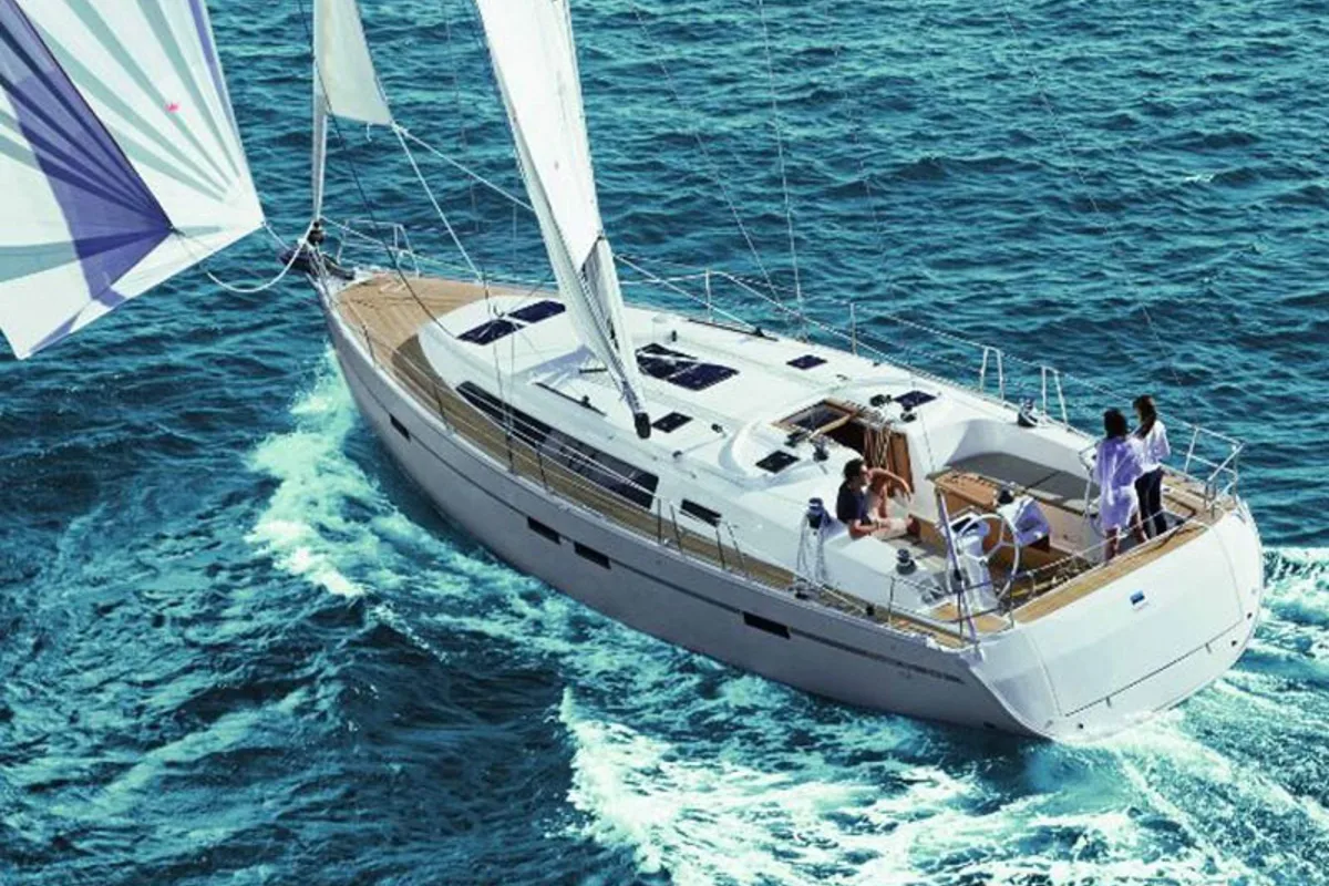 Exterior view of Alma Libre IV, a Bavaria Cruiser 46 sailboat at Municipal Unit of Lefkada, Greece