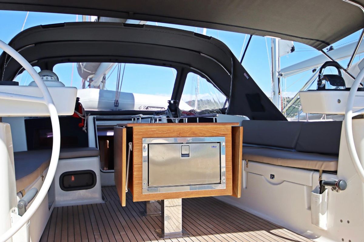 Cockpit of My Way, a Dufour Exclusive 56 sailboat at Općina Rogoznica, Croatia