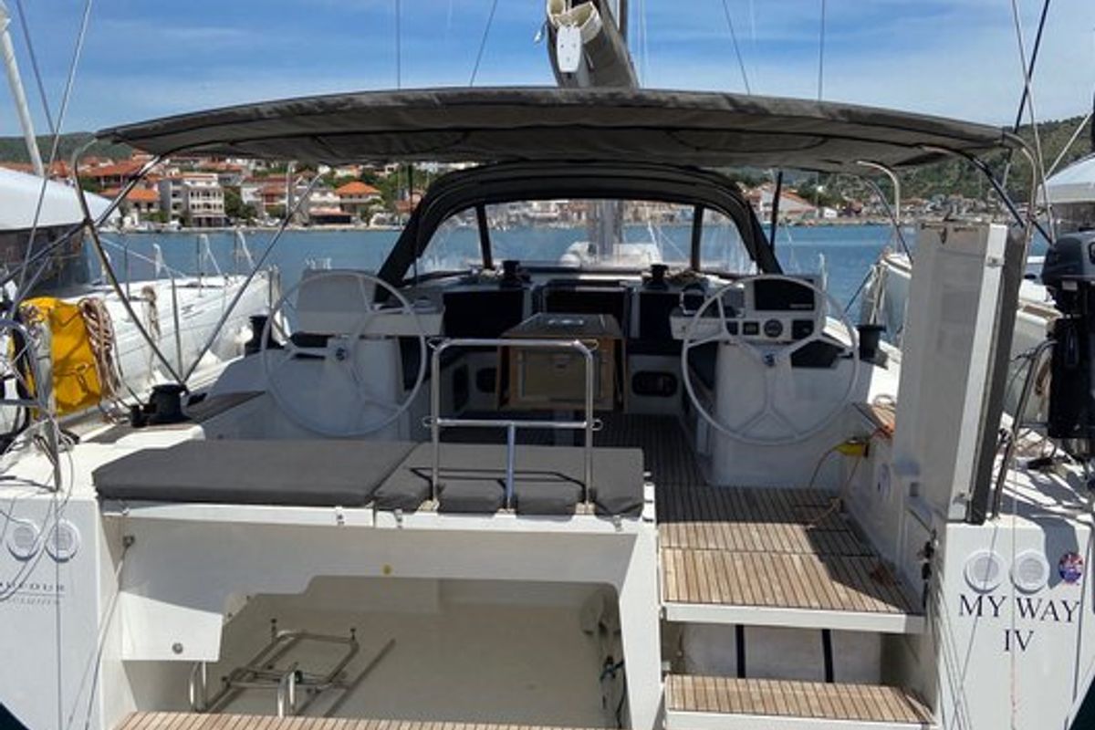 Cockpit of My Way, a Dufour Exclusive 56 sailboat at Općina Rogoznica, Croatia