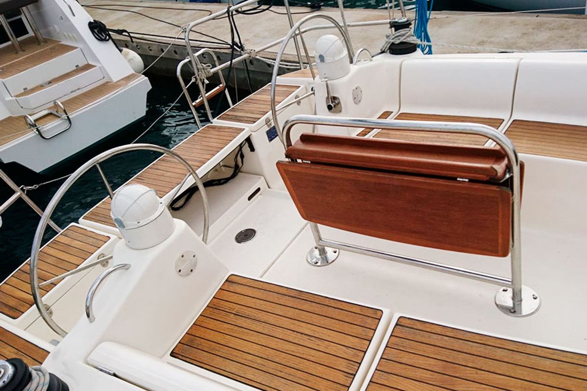 Deck of Machimbombo, a Dufour 385 Grand Large sailboat at Portimão, Portugal