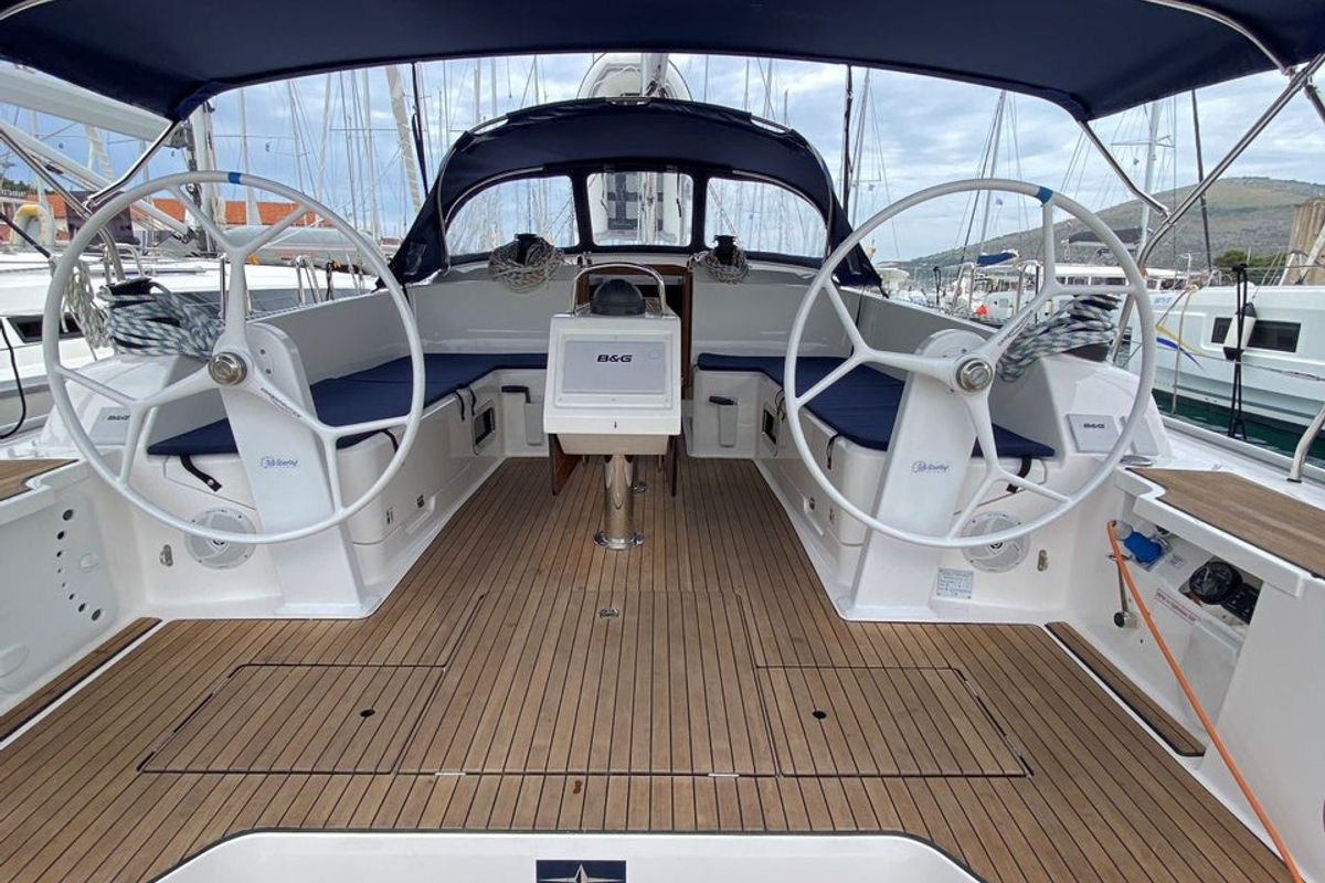 Cockpit of Tess Point, a Bavaria Cruiser 46 sailboat at Split, Croatia
