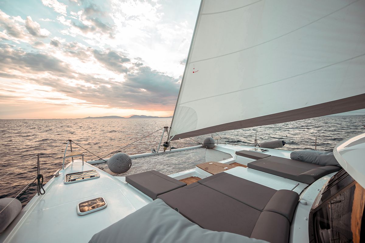 Deck of SEA ENERGY V , a Fountaine Pajot Saba 50 catamaran at Athens, Greece