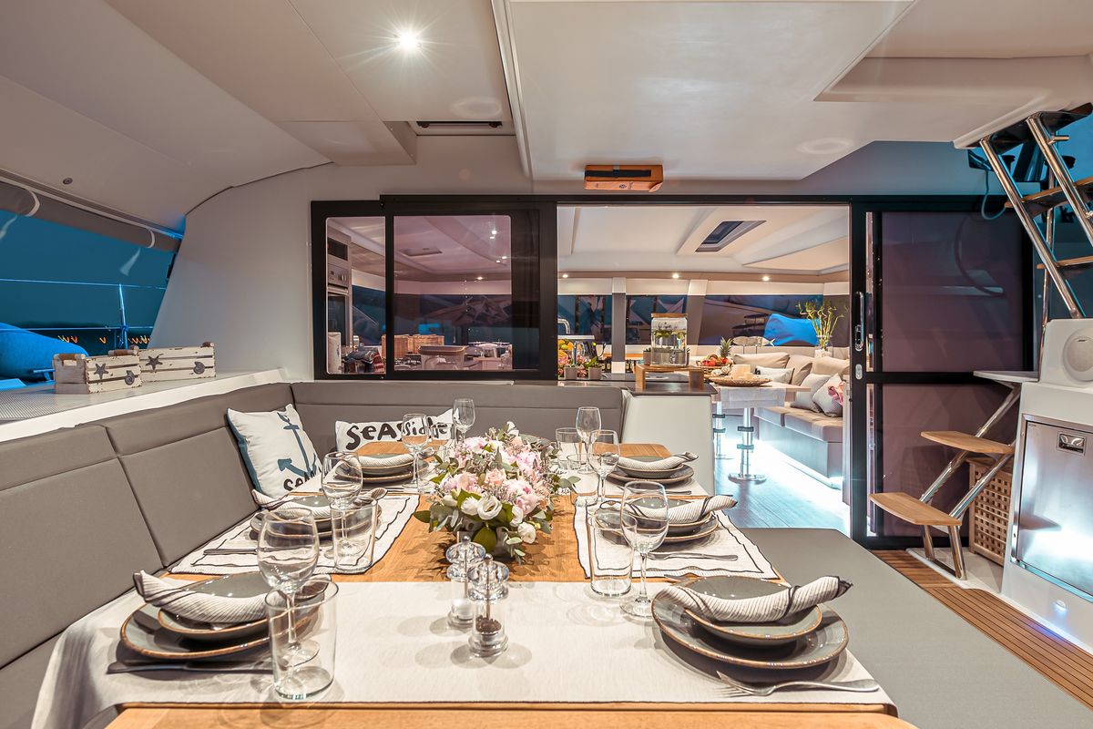 Salon of SEA ENERGY V , a Fountaine Pajot Saba 50 catamaran at Athens, Greece