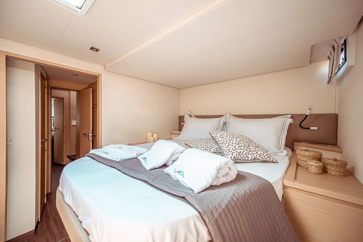 Cabin on SEA ENERGY V , a Fountaine Pajot Saba 50 catamaran at Athens, Greece