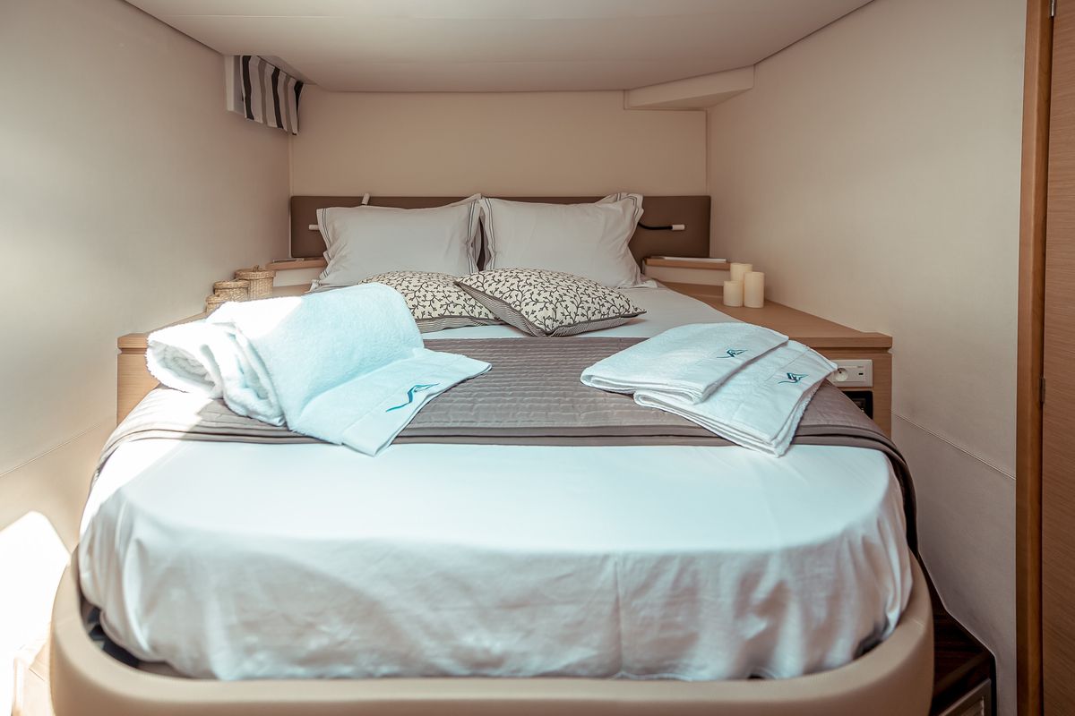 Cabin on SEA ENERGY V , a Fountaine Pajot Saba 50 catamaran at Athens, Greece
