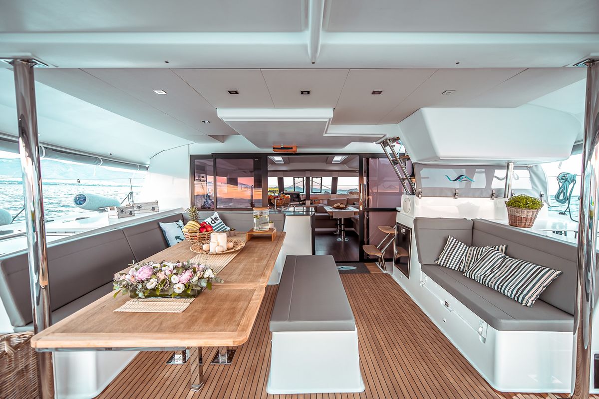 Deck of SEA ENERGY V , a Fountaine Pajot Saba 50 catamaran at Athens, Greece