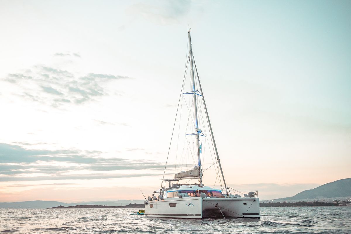 Exterior view of SEA ENERGY V , a Fountaine Pajot Saba 50 catamaran at Athens, Greece