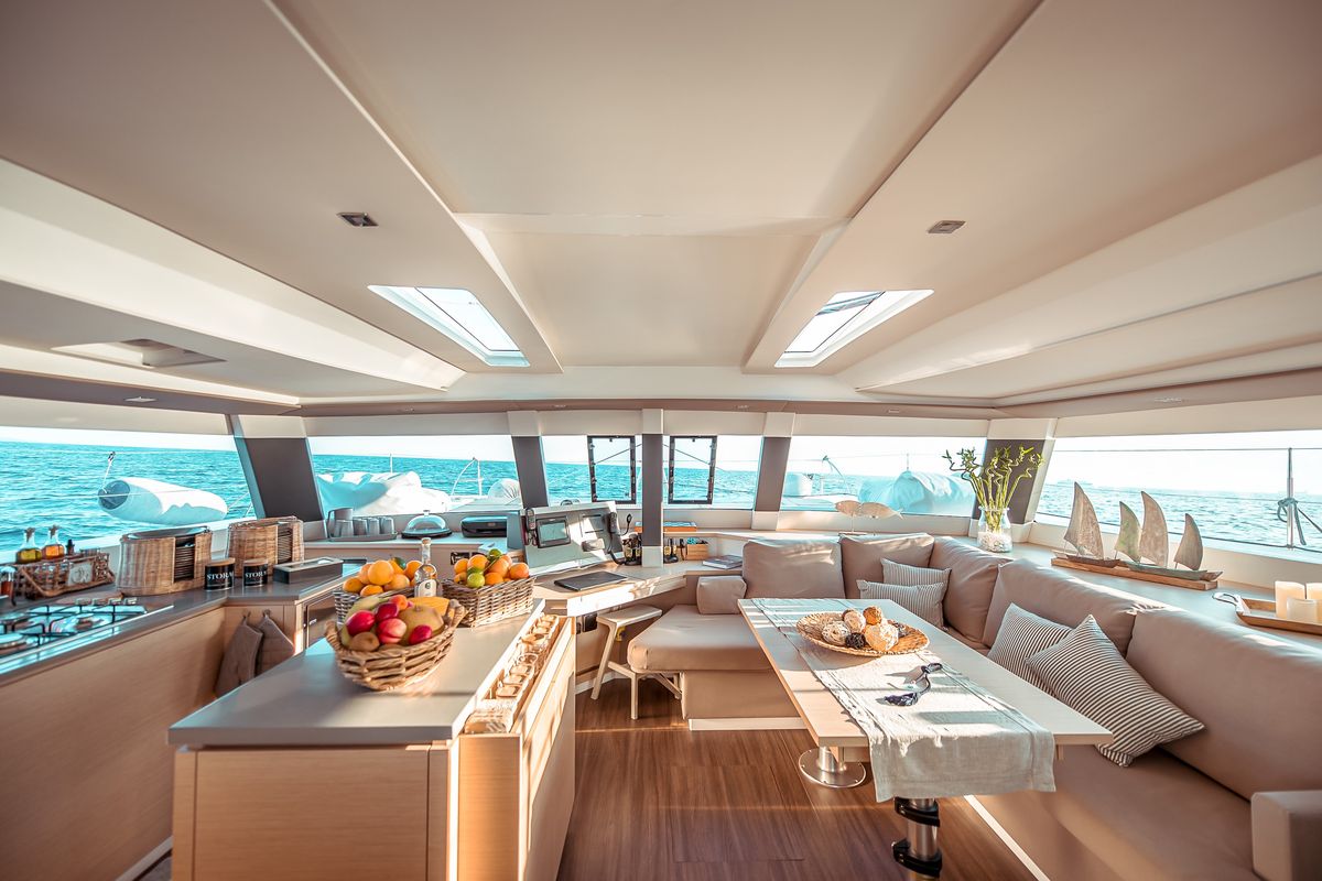 Salon of SEA ENERGY V , a Fountaine Pajot Saba 50 catamaran at Athens, Greece