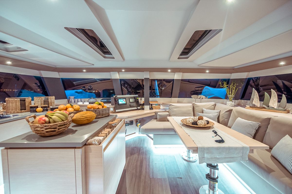 Salon of SEA ENERGY V , a Fountaine Pajot Saba 50 catamaran at Athens, Greece