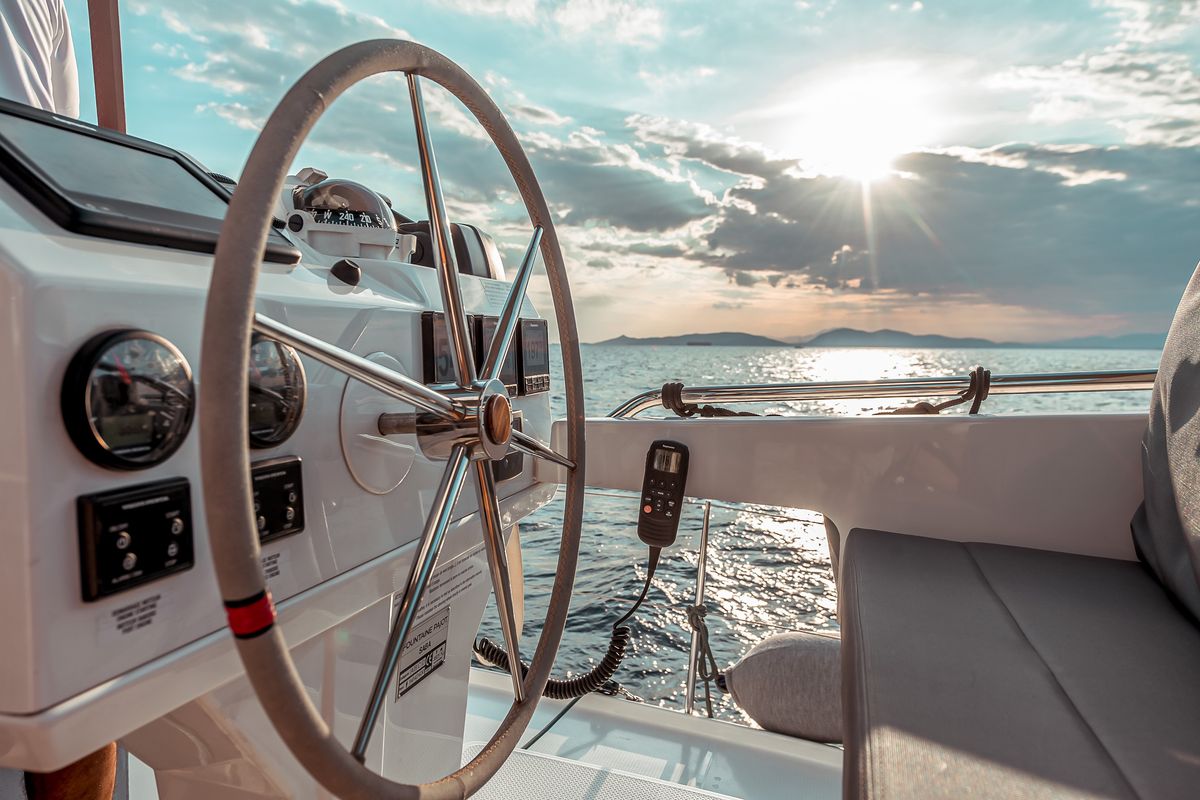 Cockpit of SEA ENERGY V , a Fountaine Pajot Saba 50 catamaran at Athens, Greece
