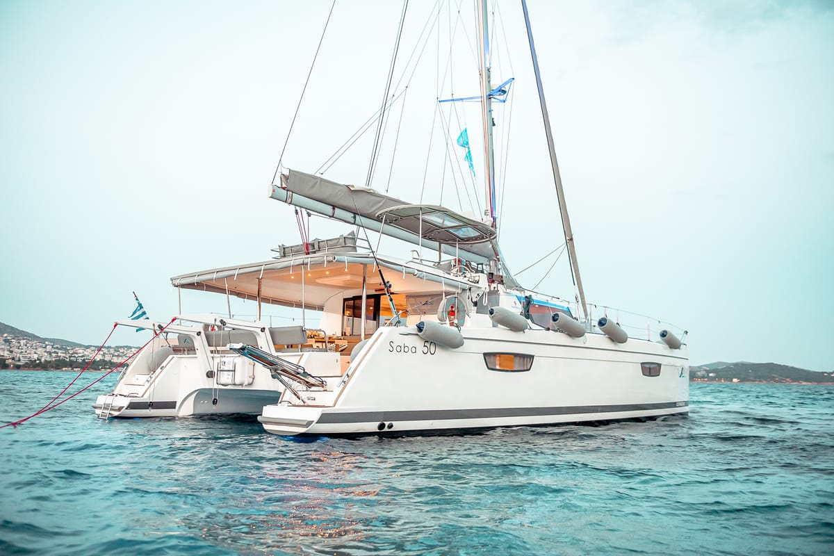 Exterior view of SEA ENERGY V , a Fountaine Pajot Saba 50 catamaran at Athens, Greece