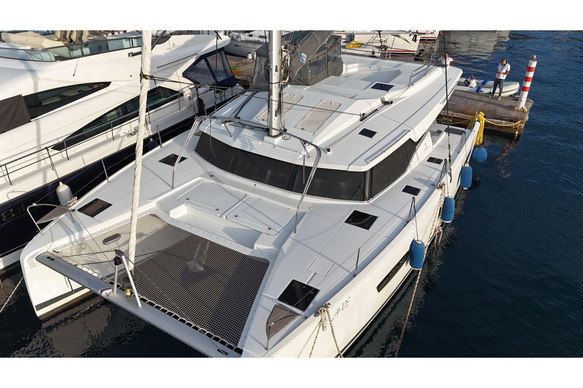 Exterior view of Premium, a Fountaine Pajot Elba 45 catamaran at Marmaris, Turkey