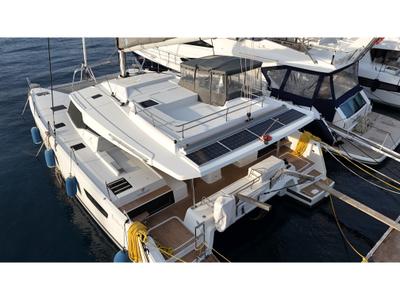 Exterior view of Premium, a Fountaine Pajot Elba 45 catamaran at Marmaris, Turkey