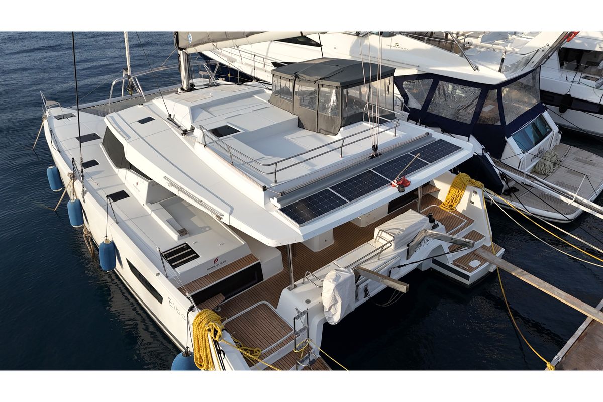 Exterior view of Premium, a Fountaine Pajot Elba 45 catamaran at Marmaris, Turkey