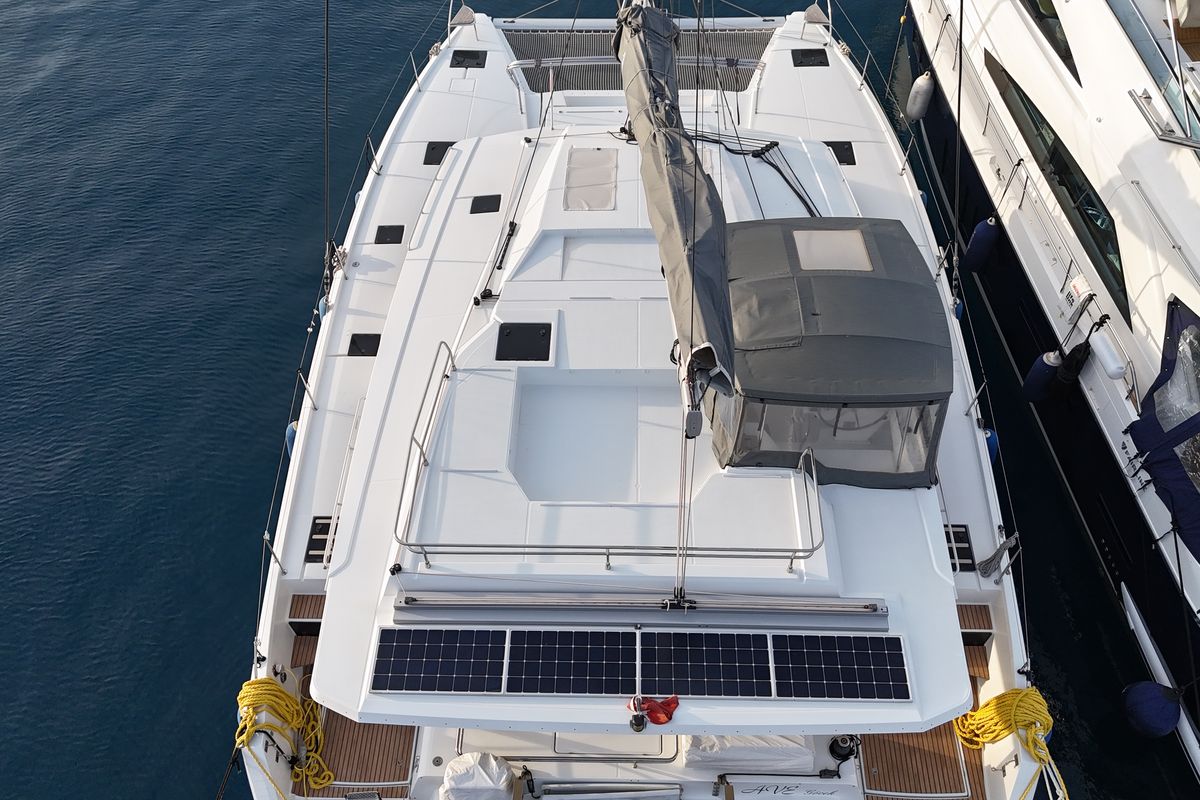 Exterior view of Premium, a Fountaine Pajot Elba 45 catamaran at Marmaris, Turkey