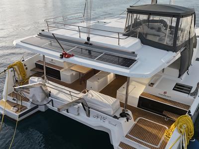 Deck of Premium, a Fountaine Pajot Elba 45 catamaran at Marmaris, Turkey