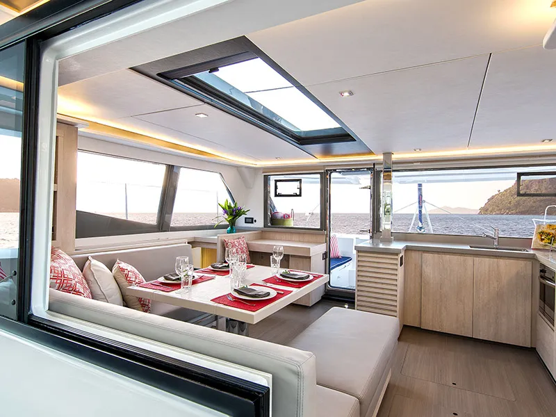Salon of Moorings 4500 Club, a Leopard 45 catamaran at Cannigione, Italy