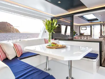Deck of Moorings 4500 Club, a Leopard 45 catamaran at Cannigione, Italy